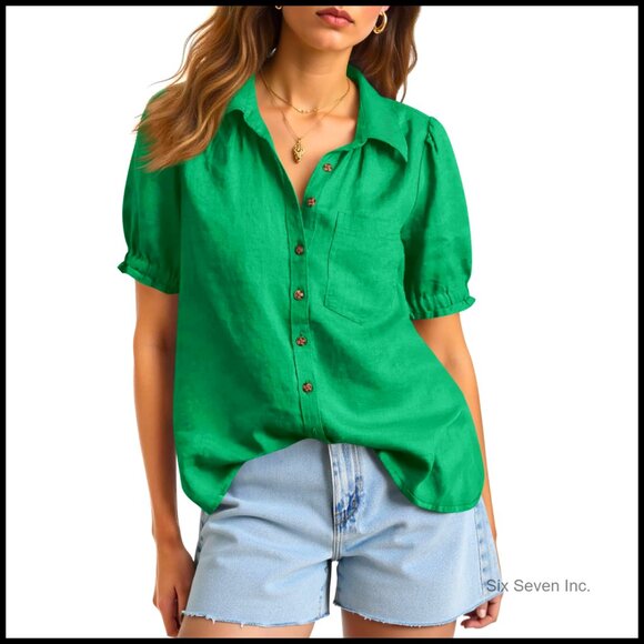 Tops - Puff Short Sleeve Button Down Shirt Linen Loose Fit Blouse